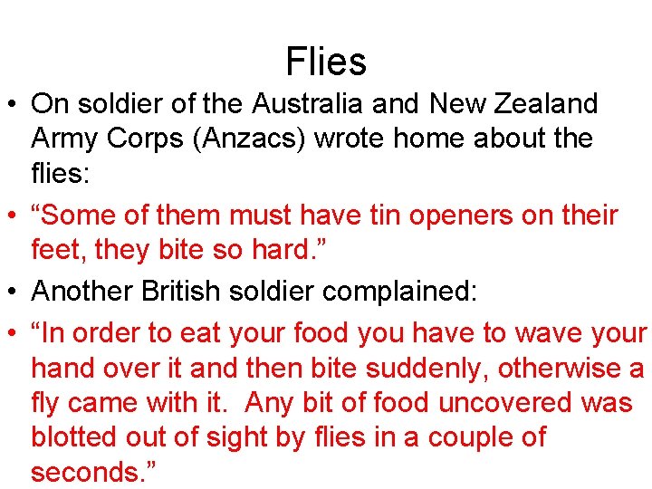 Flies • On soldier of the Australia and New Zealand Army Corps (Anzacs) wrote