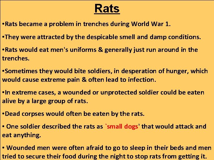 Rats • Rats became a problem in trenches during World War 1. • They