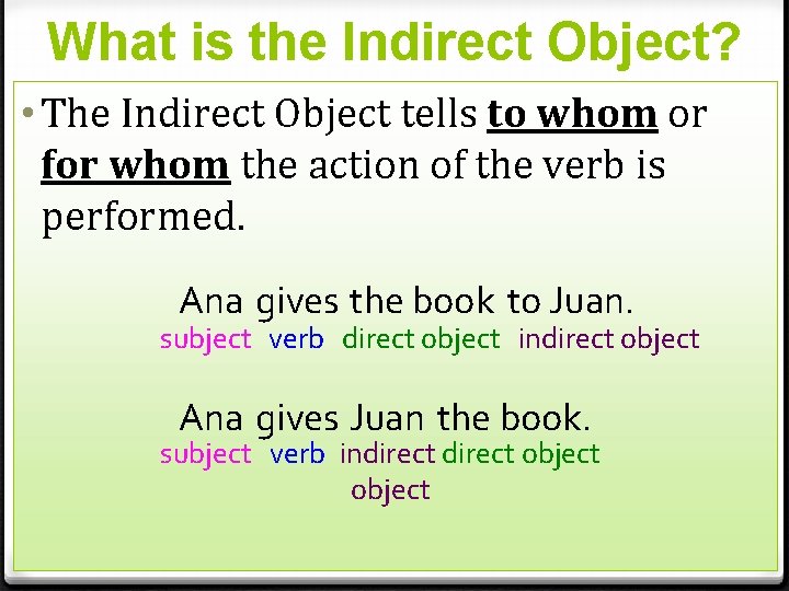What is the Indirect Object? • The Indirect Object tells to whom or for
