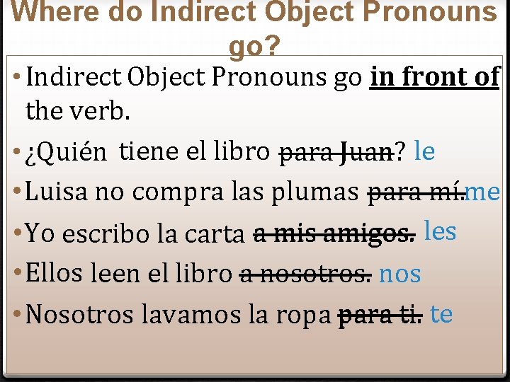 Where do Indirect Object Pronouns go? • Indirect Object Pronouns go in front of