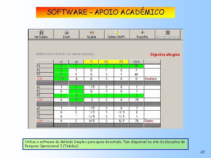 SOFTWARE – APOIO ACADÉMICO Utilize o software do Método Simplex para apoio do estudo.