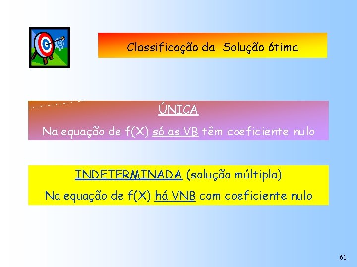 Classificação da Solução ótima ÚNICA Na equação de f(X) só as VB têm coeficiente