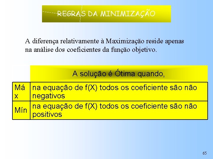 REGRAS DA MINIMIZAÇÃO A diferença relativamente à Maximização reside apenas na análise dos coeficientes