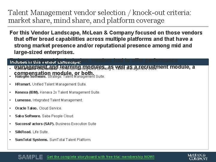 Talent Management vendor selection / knock-out criteria: market share, mind share, and platform coverage