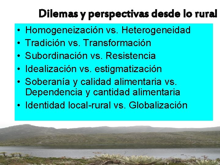 Dilemas y perspectivas desde lo rural • • • Homogeneización vs. Heterogeneidad Tradición vs.