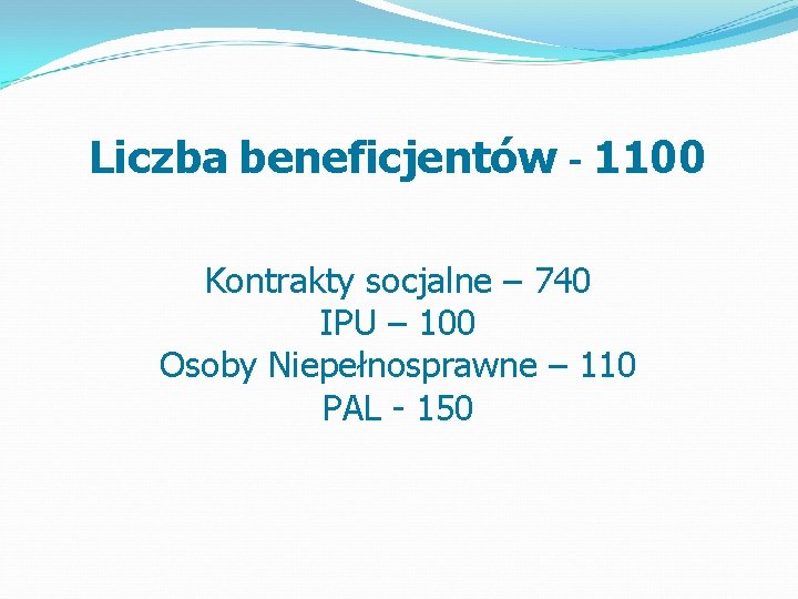 Liczba beneficjentów - 1100 Kontrakty socjalne – 740 IPU – 100 Osoby Niepełnosprawne –