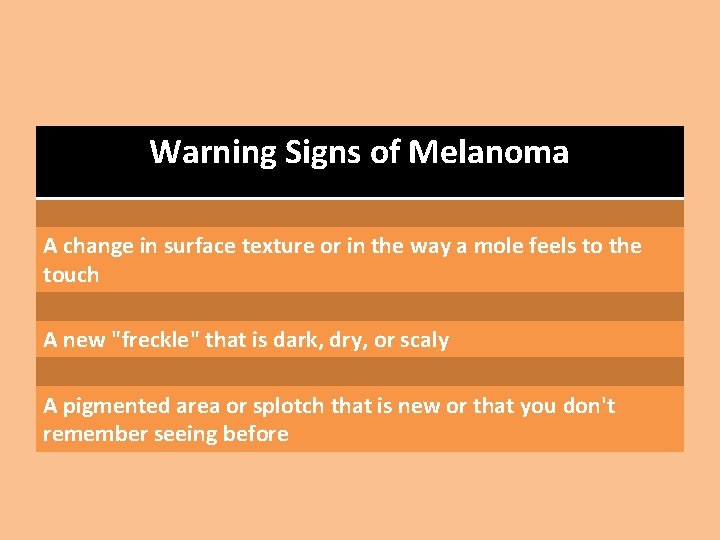 Warning Signs of Melanoma A change in surface texture or in the way a