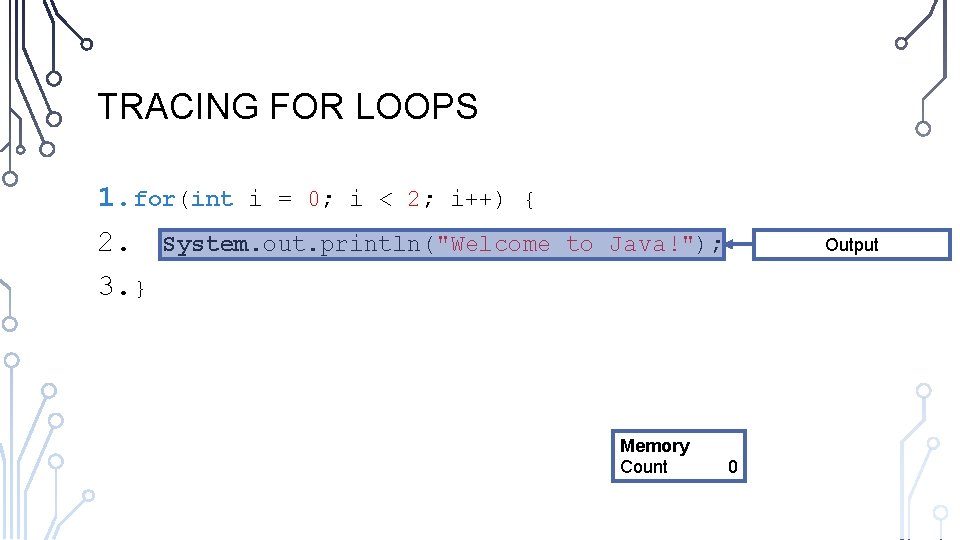 TRACING FOR LOOPS 1. for(int i = 0; i < 2; i++) { 2.