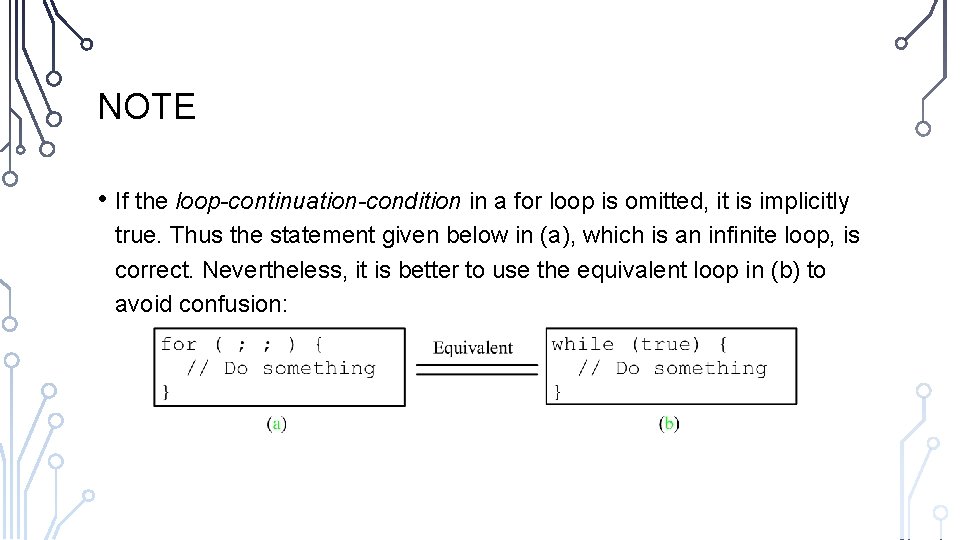 NOTE • If the loop-continuation-condition in a for loop is omitted, it is implicitly