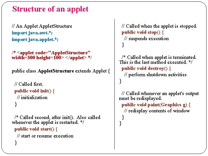 Structure of an applet // An Applet. Structure import java. awt. *; import java.