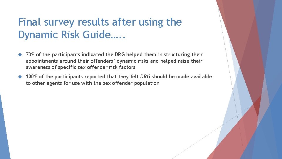 Final survey results after using the Dynamic Risk Guide…. . 73% of the participants