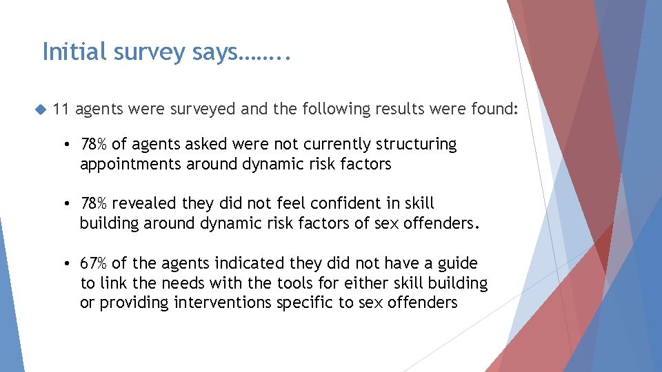 Initial survey says……. . 11 agents were surveyed and the following results were found: