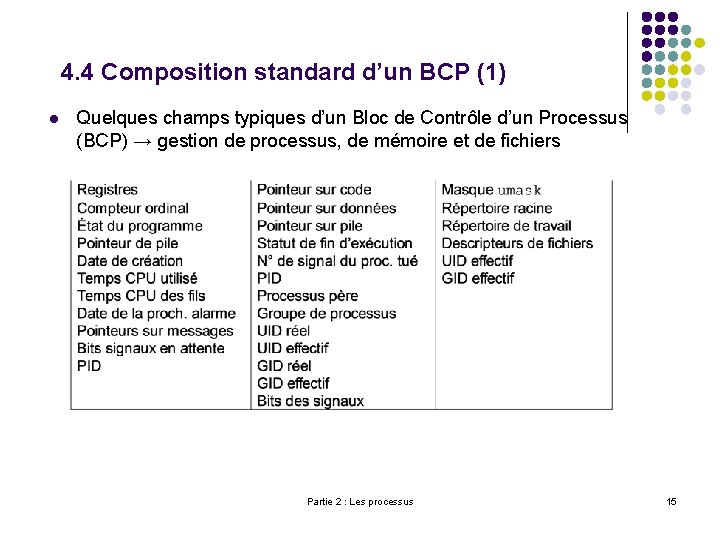 4. 4 Composition standard d’un BCP (1) l Quelques champs typiques d’un Bloc de
