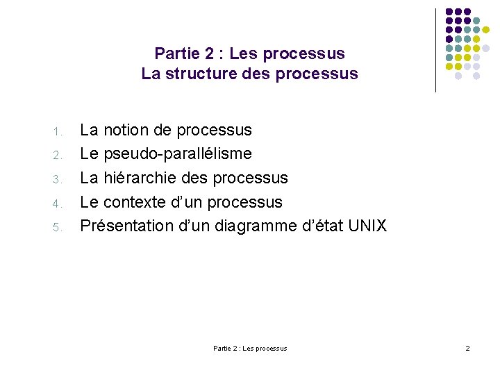 Partie 2 : Les processus La structure des processus 1. 2. 3. 4. 5.