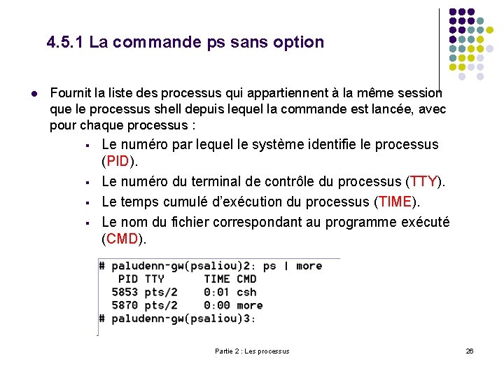 4. 5. 1 La commande ps sans option l Fournit la liste des processus