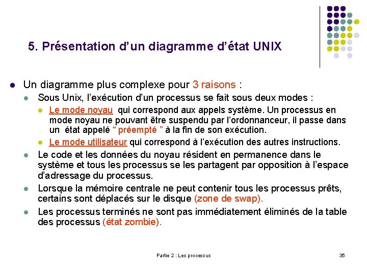 5. Présentation d’un diagramme d’état UNIX l Un diagramme plus complexe pour 3 raisons
