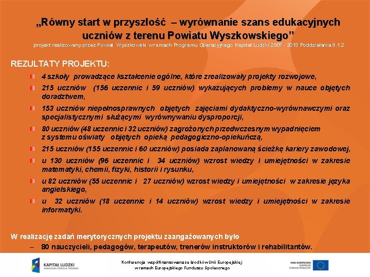 „Równy start w przyszłość – wyrównanie szans edukacyjnych uczniów z terenu Powiatu Wyszkowskiego’’ projekt