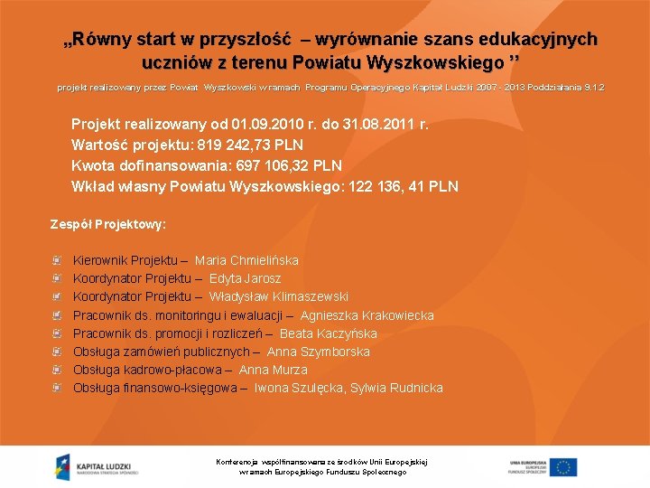 „Równy start w przyszłość – wyrównanie szans edukacyjnych uczniów z terenu Powiatu Wyszkowskiego ’’