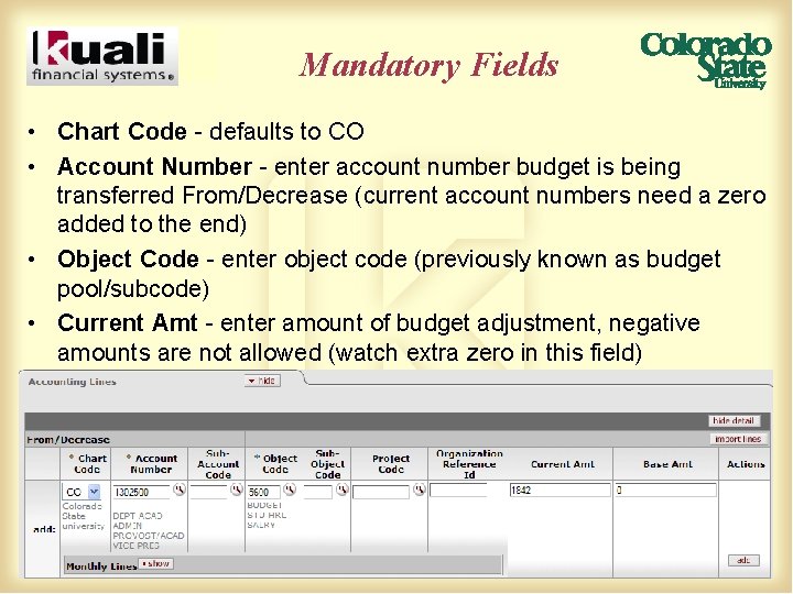 Mandatory Fields • Chart Code - defaults to CO • Account Number - enter
