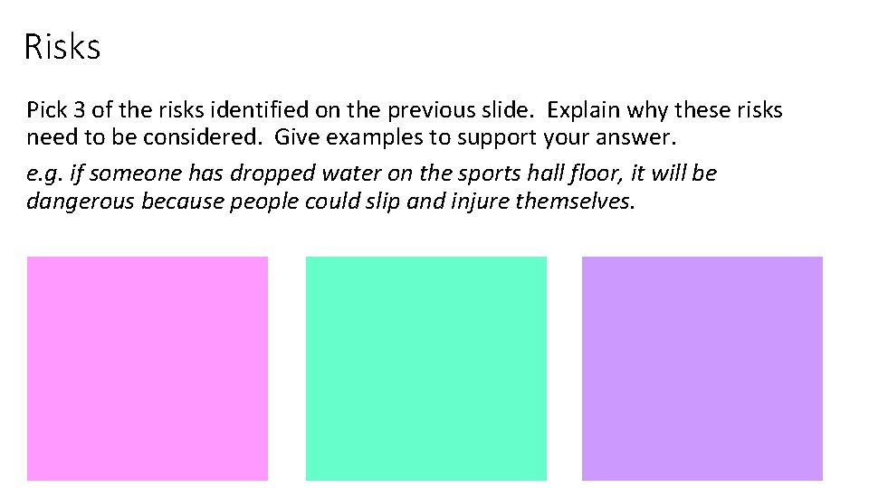 Risks Pick 3 of the risks identified on the previous slide. Explain why these