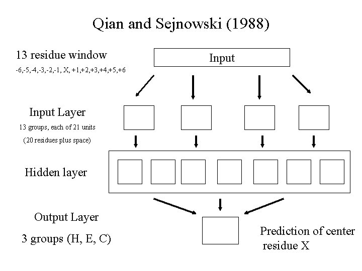 Qian and Sejnowski (1988) 13 residue window Input -6, -5, -4, -3, -2, -1,