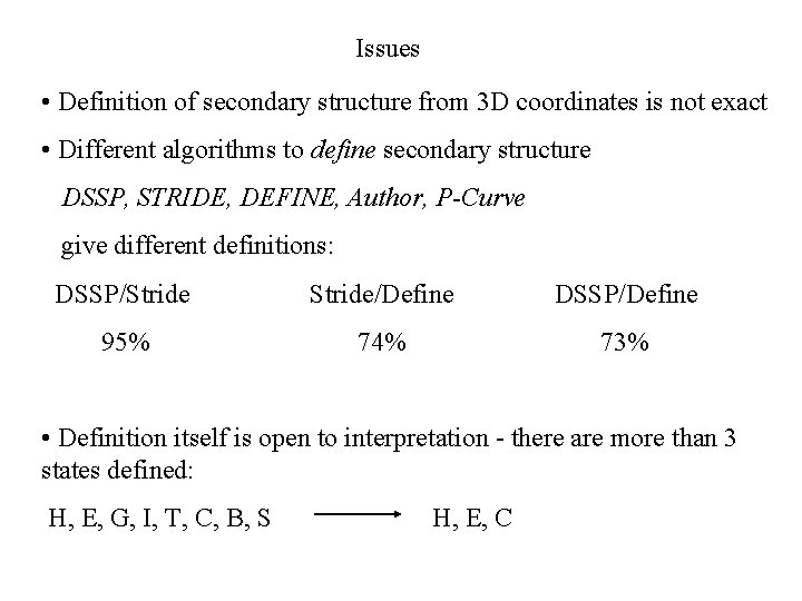 Issues • Definition of secondary structure from 3 D coordinates is not exact •