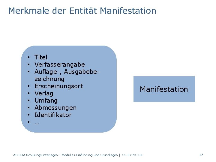 Merkmale der Entität Manifestation • Titel • Verfasserangabe • Auflage-, Ausgabebezeichnung • Erscheinungsort •