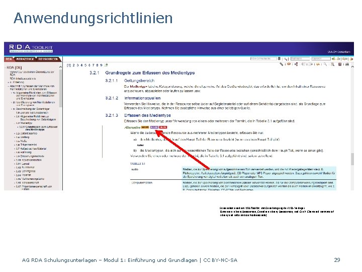 Anwendungsrichtlinien Screenshot aus dem RDA Toolkit mit Genehmigung der RDA-Verleger (American Library Association, Canadian