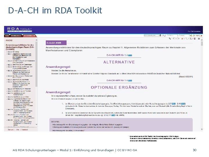 D-A-CH im RDA Toolkit Screenshot aus dem RDA Toolkit mit Genehmigung der RDA-Verleger (American