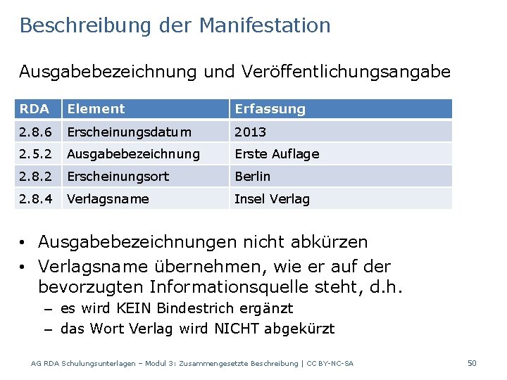 Beschreibung der Manifestation Ausgabebezeichnung und Veröffentlichungsangabe RDA Element Erfassung 2. 8. 6 Erscheinungsdatum 2013