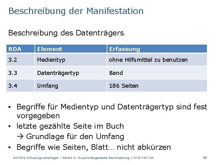 Beschreibung der Manifestation Beschreibung des Datenträgers RDA Element Erfassung 3. 2 Medientyp ohne Hilfsmittel