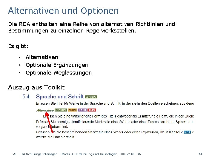 Alternativen und Optionen Die RDA enthalten eine Reihe von alternativen Richtlinien und Bestimmungen zu