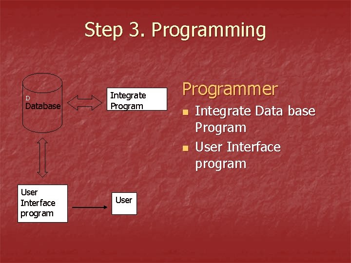 Step 3. Programming D Database Integrate Programmer n n User Interface program User Integrate