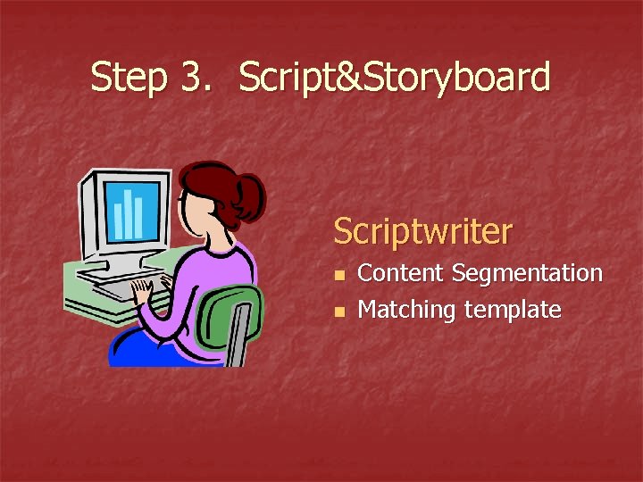 Step 3. Script&Storyboard Scriptwriter n n Content Segmentation Matching template 