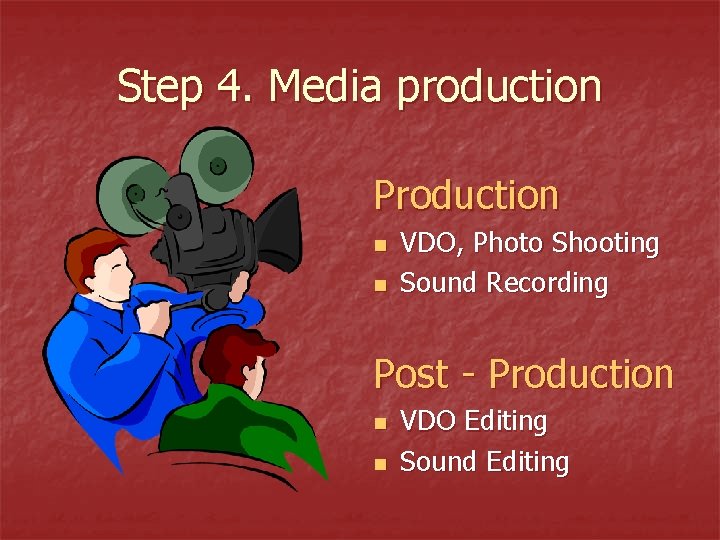 Step 4. Media production Production n n VDO, Photo Shooting Sound Recording Post -