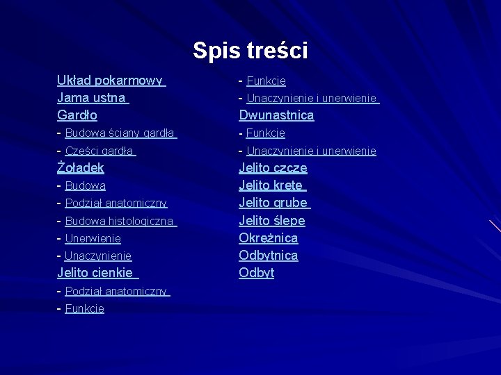 Spis treści Układ pokarmowy Jama ustna Gardło - Budowa ściany gardła - Części gardła