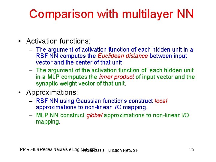 Comparison with multilayer NN • Activation functions: – The argument of activation function of