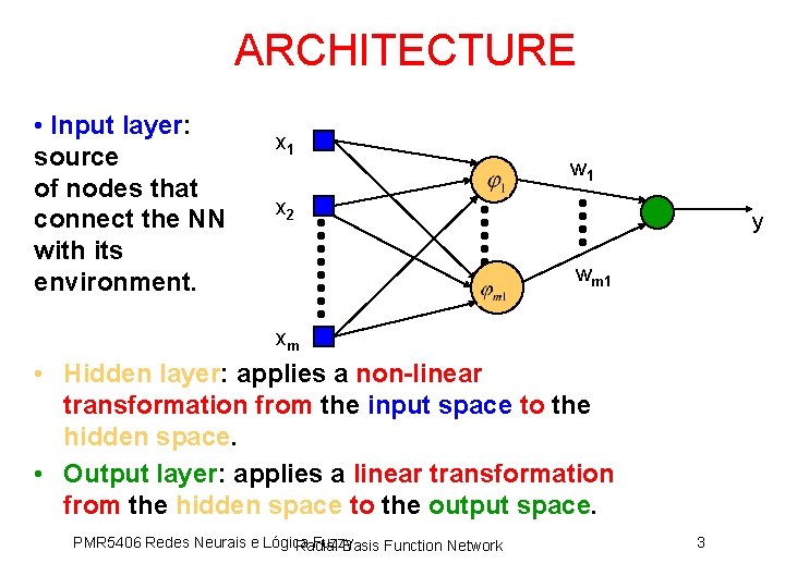 ARCHITECTURE • Input layer: source of nodes that connect the NN with its environment.