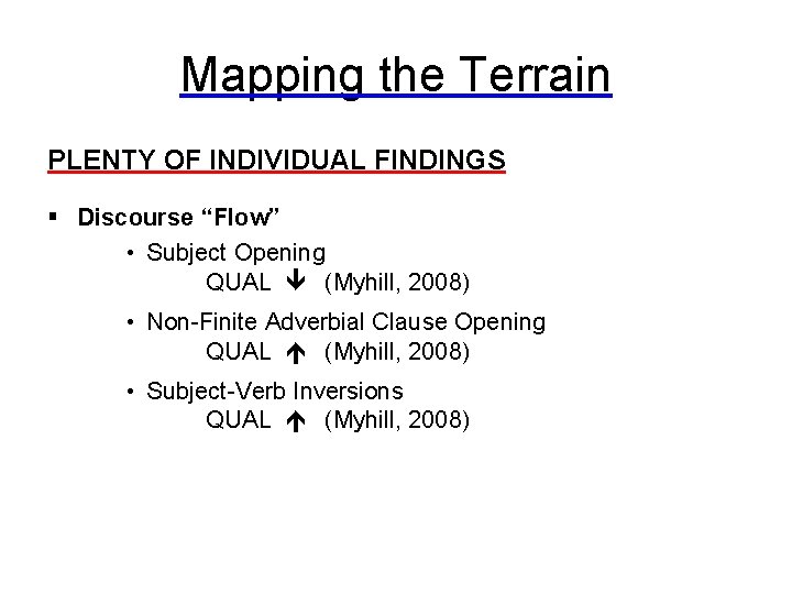 Mapping the Terrain PLENTY OF INDIVIDUAL FINDINGS § Discourse “Flow” • Subject Opening QUAL