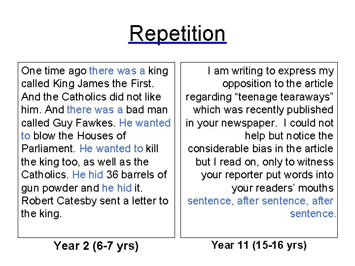 Repetition One time ago there was a king called King James the First. And