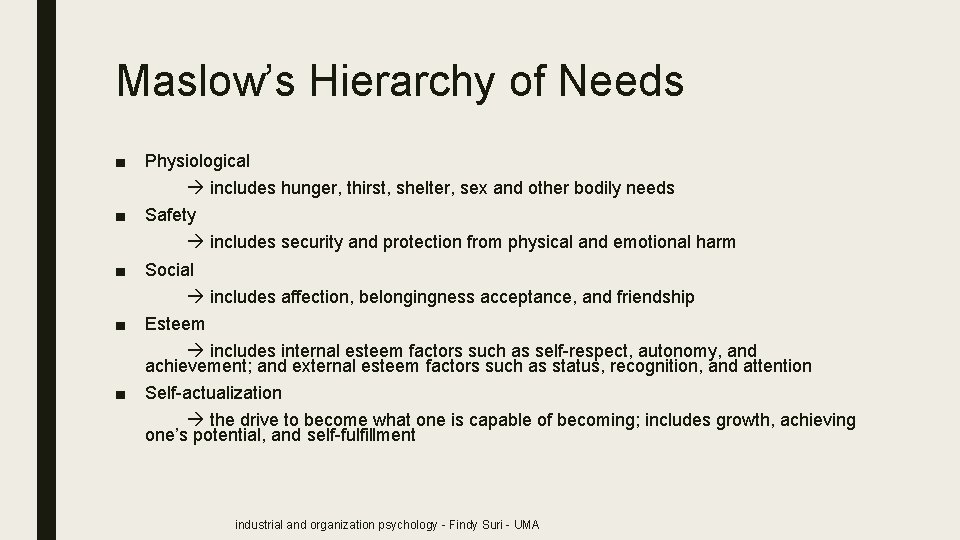 Maslow’s Hierarchy of Needs ■ Physiological includes hunger, thirst, shelter, sex and other bodily