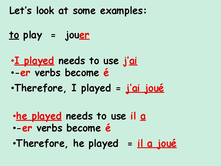 Let’s look at some examples: to play = jouer • I played needs to