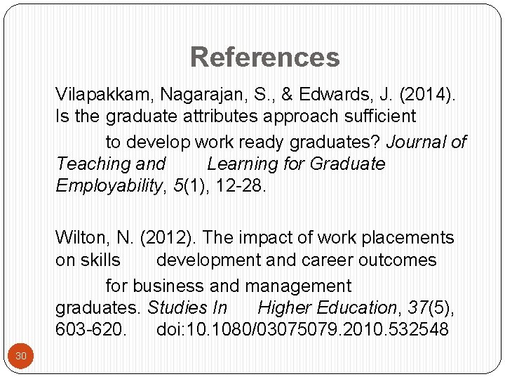 References Vilapakkam, Nagarajan, S. , & Edwards, J. (2014). Is the graduate attributes approach