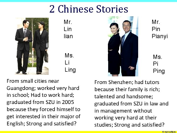 2 Chinese Stories Mr. Lin lian Mr. Pin Pianyi Ms. Li Ling Ms. Pi