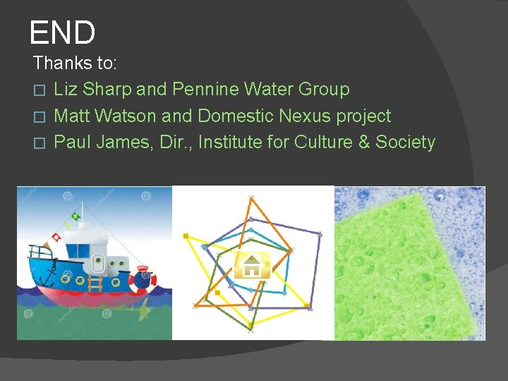 END Thanks to: � Liz Sharp and Pennine Water Group � Matt Watson and