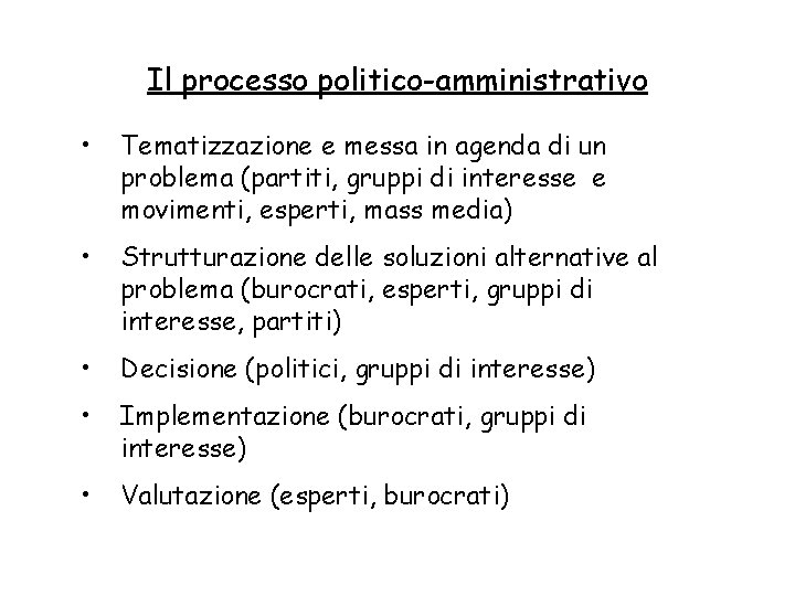 Il processo politico-amministrativo • Tematizzazione e messa in agenda di un problema (partiti, gruppi