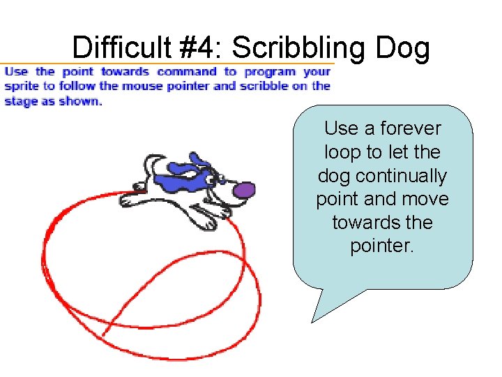 Difficult #4: Scribbling Dog Use a forever loop to let the dog continually point