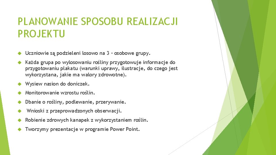 PLANOWANIE SPOSOBU REALIZACJI PROJEKTU Uczniowie są podzieleni losowo na 3 – osobowe grupy. Każda