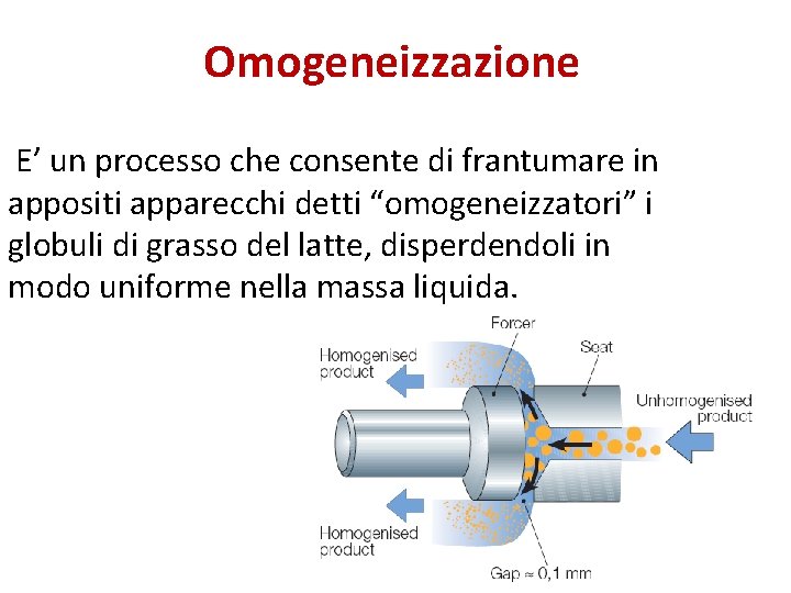 Omogeneizzazione E’ un processo che consente di frantumare in appositi apparecchi detti “omogeneizzatori” i