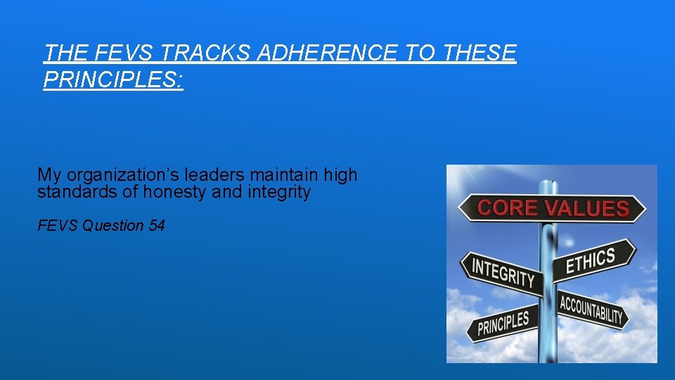 THE FEVS TRACKS ADHERENCE TO THESE PRINCIPLES: My organization’s leaders maintain high standards of